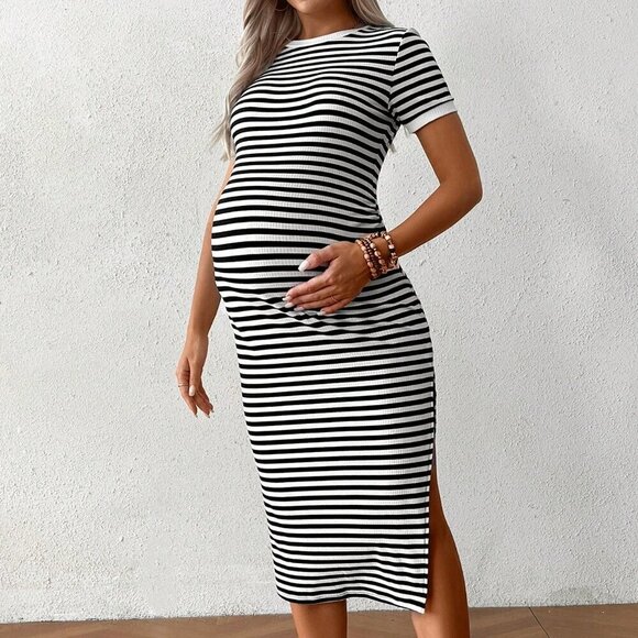 Black Casual Women's Pregnant Striped Dress - Picture 5 of 5